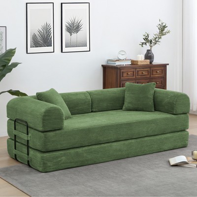 Dolonm Foldable Convertible Sofa Bed, Boneless Compression Mattress, Corduroy Sofa with Fixed Frame, Used for Living Room, Bedroom,Olive Green