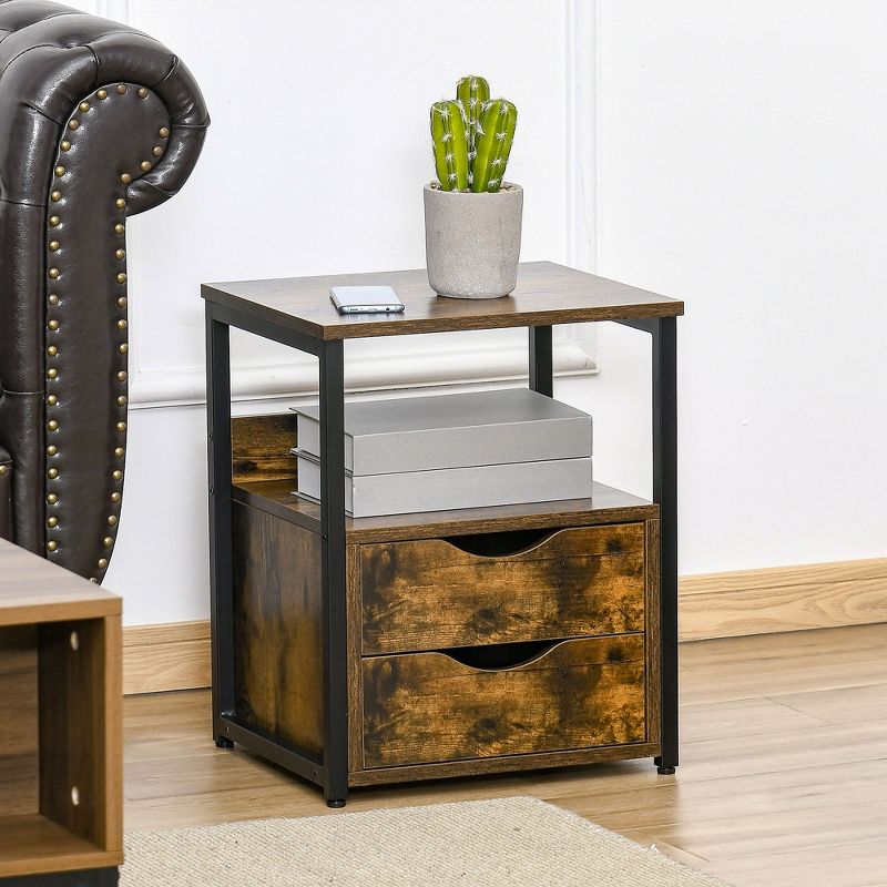 HOMCOM Industrial Side Table, End Table with 2 Storage Drawers Accent Piece, 3 of 7
