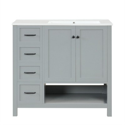 Vynxaria 36" Gray Bathroom Vanities Vanity Console with Dual Doors Dual Drawers & Open Shelf 34"H