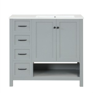 Vynxaria 36" Gray Bathroom Vanities Vanity Console with Dual Doors Dual Drawers & Open Shelf 34"H - 1 of 4