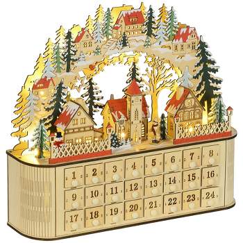 HOMCOM Wooden Christmas Advent Calendar for Kids and Adults with 24 Countdown Drawers and LED Lights, Battery Operated