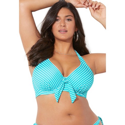 Swimsuits for All Women's Plus Size Belle Halter Underwire Bikini Top - 10,  Turquoise White Stripe