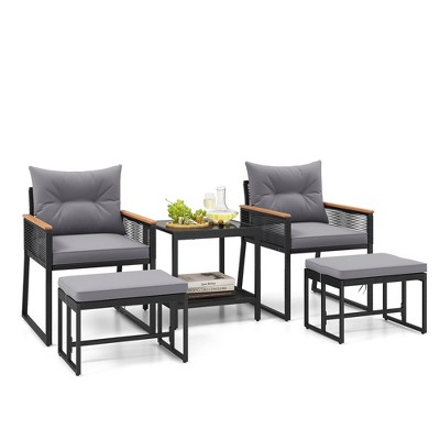Tangkula 5 Piece Patio Conversation Set PE Rattan Wicker Chairs w/ 2 Ottomans Soft Cushions