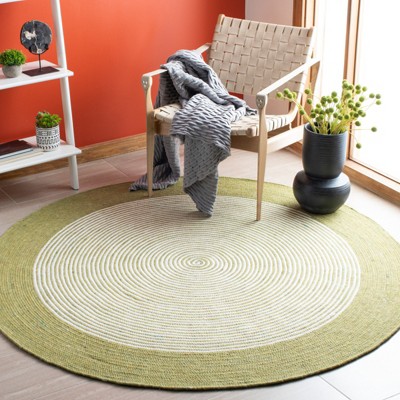 Ivory and Green Braided Wool 3' Round Handmade Rug