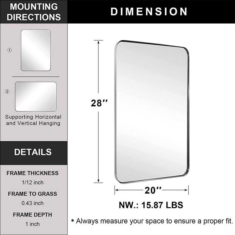 ANDY STAR Modern Decorative 20 x 28 Inch Rectangular Wall Mounted Hanging Bathroom Vanity Mirror with Stainless Steel Metal Frame, Brushed Nickel, 5 of 7