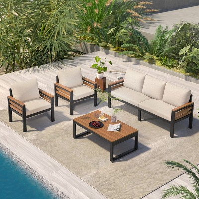 Outdoor 4-Piece Patio Seating Set, Seating Set with Acacia Wood Armrest Chairs and Coffee Table, Iron Chairs with Polyester Cushions–Cuddlewood