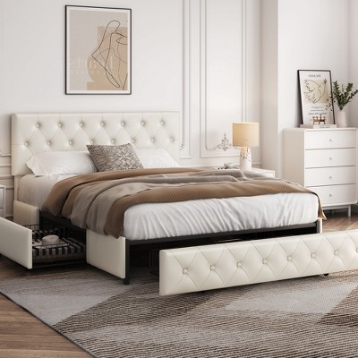 Yaheetech Upholstered Faux Leather Bed Frame with Adjustable Headboard