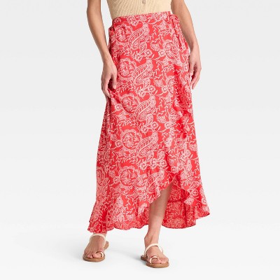 Women's Ruffle Maxi Wrap Skirt - Universal Thread™ Red Paisley S