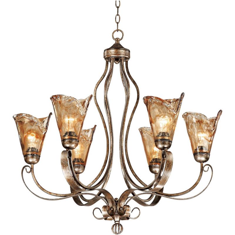 Franklin Iron Works Amber Scroll Golden Bronze Large Chandelier 31 1/2" Wide Rustic Art Glass 6-Light Fixture for Dining Room House Kitchen Island, 5 of 9