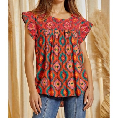 Women's Aztec Embroidered Flutter Sleeve Top - Savanna Jane