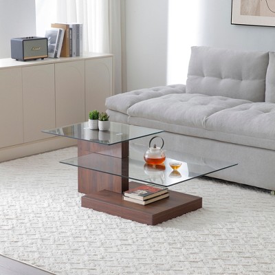 GDFStudio Leila 43.7" Wood and Glass 3-Tierer Z-Shape Coffee Table