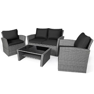 Tangkula 4PCS Patio Rattan Conversation Set Outdoor Furniture Set w/ Black Cushions - 1 of 4