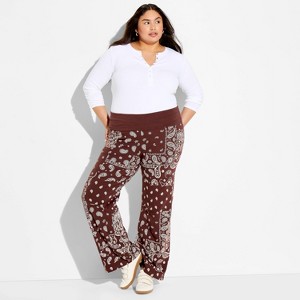 Women's Bandana Fold Over Yoga Graphic Pants - Brown Paisley : Target