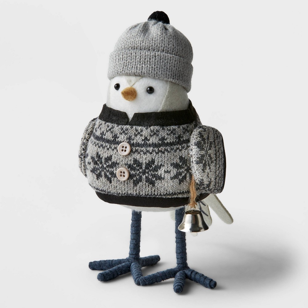 Fabric Bird with Gray Knit Sweater and Bell Decorative Figurine - Wondershop