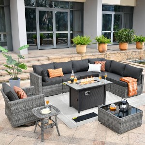 Venice 10pc Wicker Outdoor Patio Furniture Set Conversation Sofa with a Metal Fire Pit, Swivel Chair and Cushions - 1 of 4