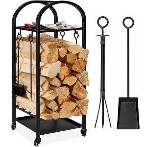 Best Choice Products 4ft 3-Tier Firewood Log Rack, Vertical Wrought Iron Holder for Home w/ 4-Piece Tool Set, Wheels - 1 of 4