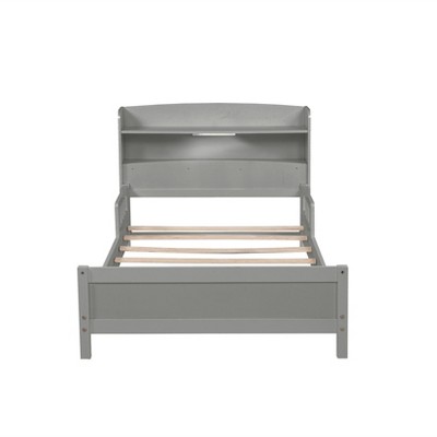 DOMETOUR Twin Pine Wood Bed with  Bookcase Headboard ,LED Motion Sensor Light,  Guardrails,Grey