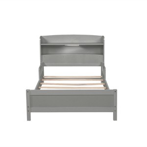 DOMETOUR Twin Pine Wood Bed with  Bookcase Headboard ,LED Motion Sensor Light,  Guardrails,Grey - 1 of 4