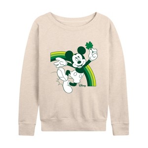 Women's - Disney - Mickey Green Rainbow Lightweight French Terry Wide Neck Long Sleeve Shirt - 1 of 4