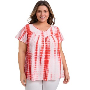GRACE & GRANDEUR Women's Plus Size V Neck Pleated Ruffle Short Sleeve Tie Dye Casual Holiday Blouses - 1 of 4