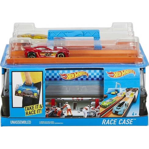 Hot Wheels Race Case Playset with 2 Vehicles in 1 64 Scale Dual Launcher for Side By Side Racing Portable Storage Container