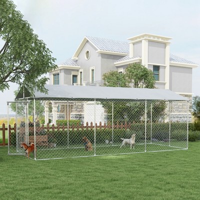 Large Silver Galvanized Steel Outdoor Dog Kennel with Roof