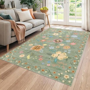 Runner Rug - Floral Boho Design, Ultra-Thin Low Pile, Non-Slip Backing, Machine Washable, 8*10ft, Green - 1 of 4
