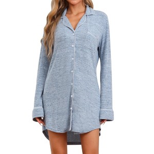 cheibear Women's Button Down Nightgown Strechy Knit Long Sleeves Nightshirt Shirtdress - 1 of 4
