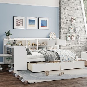 Wooden L-Shape Daybed with Seven Storage Cabinets and Two Storage Drawers, Multi-functional Bed with Study Desk and Built-in Bookshelf - 1 of 4