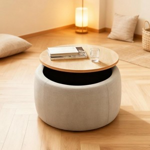 TIRAMISUBEST Round Storage Ottoman Linen 2-in-1 End Table Footstool MDF Top and Linen Upholstery for Living Room - 1 of 4