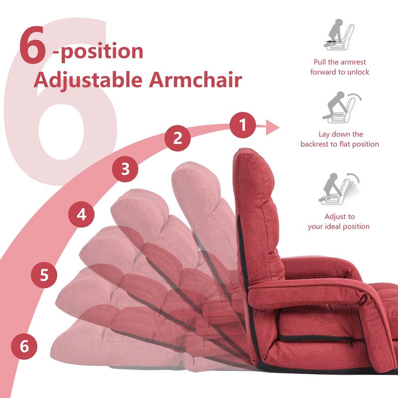 Costway Folding Floor Armchair w/ 6-position Adjustable Back & Lumbar Pillow Red\Grey, 5 of 11