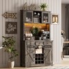 72" Modern Farmhouse Coffee Bar Cabinet with LED Lights & Power Outlets, Sliding Barn Door Buffet with Wine Storage - 3 of 4