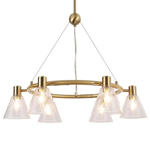 LNC Amaduz 6-Light 27" Modern Wagon Wheel Cone Large Chandelier, Gold with Seeded Cone Glass - 1 of 4