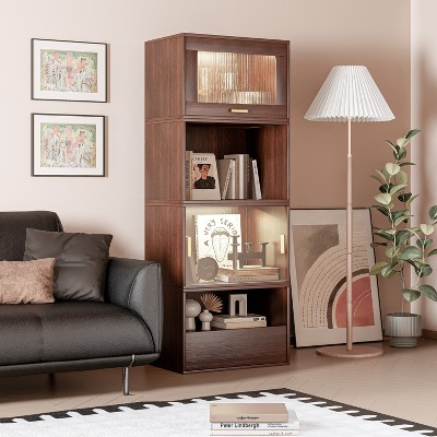ATJafurn 23.6'' China Cabinet Display Cabinet With Walnut Finished, Glass Doors and Drawers