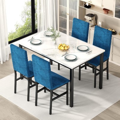 Hooseng Modern Style 5-Piece Dining Room Table And Chairs Set, Faux Marble MDF Table Top and Velvet Upholstered Chairs Dining Table Set for 4