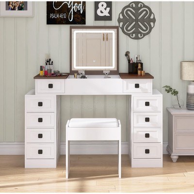 DOMETOUR Vanity Desk with LED Light, 10 Drawers, Flip-Up Mirror, Large Storage, Stool Included, White+Walnut Finish