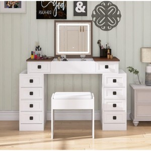 DOMETOUR Vanity Desk with LED Light, 10 Drawers, Flip-Up Mirror, Large Storage, Stool Included, White+Walnut Finish - 1 of 4
