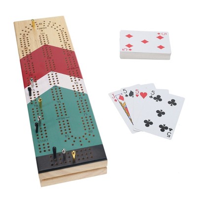 WE Games Cabinet Cribbage Set - Nautical Print - Solid Wood Continuous 3 Track Board with Easy Grip Pegs, Cards and Storage Area