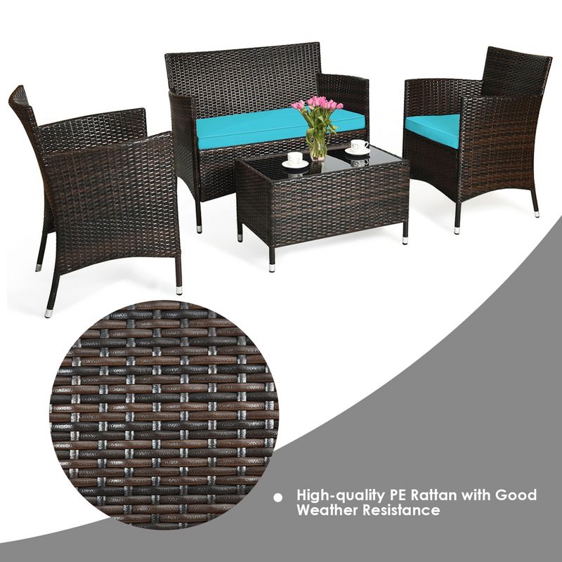 Tangkula 4 Pieces Patio Rattan Conversation Furniture Set Outdoor w/ Brown & Turquoise Cushion, 5 of 10