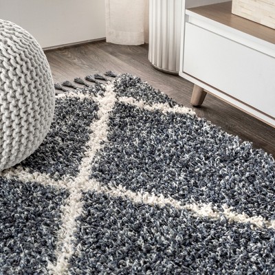 Denim Blue/Cream Moroccan Geometric Shag Area Rug, 5x8 Feet