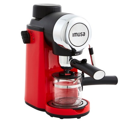 IMUSA 4 Cup Espresso Cappuccino Maker: Red, 800W, Frothing Wand, Removable Drip Tray, Ground Espresso, Manual Operation