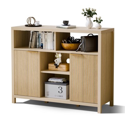 Sevobal Decorative Storage Cabinets, Rounded Corner Striped Kitchen Storage Cabinet Sideboard Buffet Cupboard, Light Brown 39.4*13.8*31.5