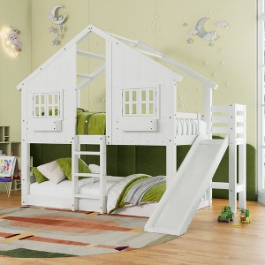 AMERLIFE Twin Over Twin House Bunk Solid Wood Bed Frame with Slide and Ladder, Window Box Shelf, 14" Guardrail - 1 of 4