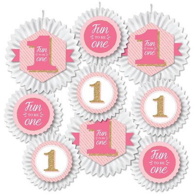 Big Dot of Happiness 1st Birthday Girl - Fun to be One - Hanging First Birthday Party Tissue Decoration Kit - Paper Fans - Set of 9