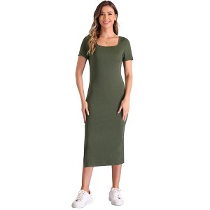 INSPIRE CHIC Women's Square Collar Ribbed Knit Short Sleeve Slit Bodycon Midi Dress - 1 of 4