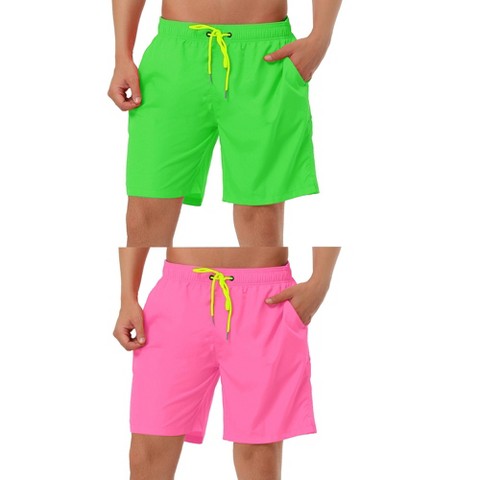 Lars Amadeus Men's Solid Color Elastic Waist Surfing Beach Board Shorts 2 Packs Green/Pink 36