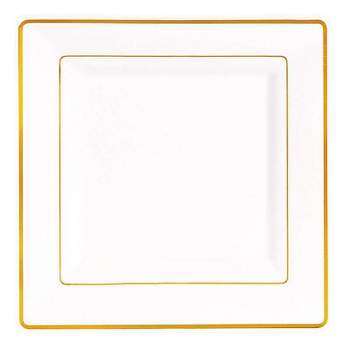 Smarty Had A Party 9.5" White with Gold Square Edge Rim Plastic Dinner Plates (120 Plates)