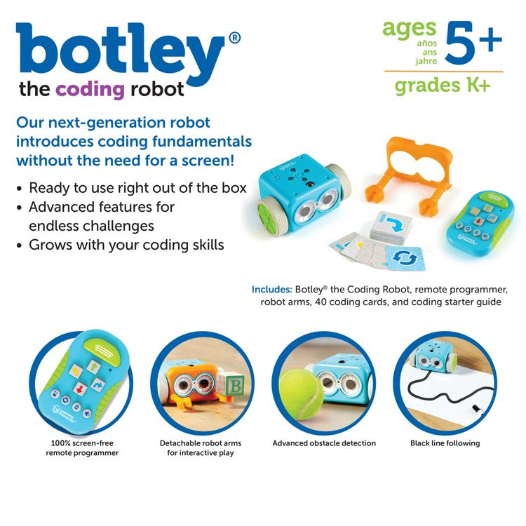 A blue colored coding robot with wheels, orange robot arms, a remote programmer, and coding cards, designed for ages 5 and up.
