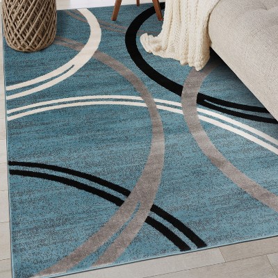 Modern Abstract Waves Blue Polypropylene Area Rug