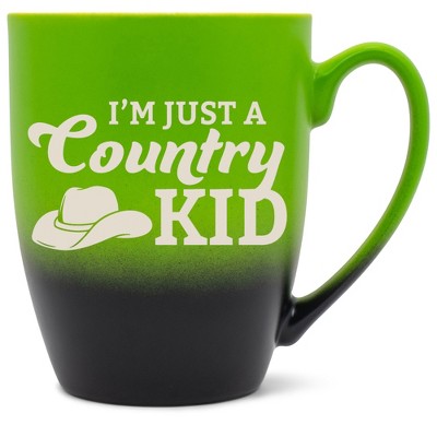 100 North Cowboy Hat 10 Ounce Green and Black Two Toned Ombre, Comfortably Fits Your Hands, Ceramic Tea Coffee Cup Mug, I'm Just A Country Kid